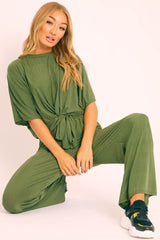 Khaki Plisse Wide Leg Trouser and Top Co-ord - Hellen-Co-ords