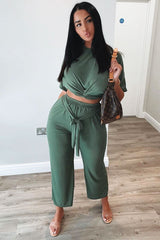 Khaki Plisse Wide Leg Trouser and Top Co-ord - Hellen-Co-ords