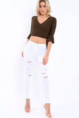 Khaki Plunge Bell Sleeve Crop Top - Merla-Crop Tops