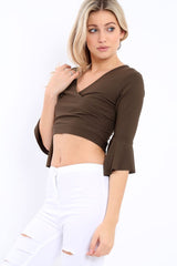 Khaki Plunge Bell Sleeve Crop Top - Merla-Crop Tops
