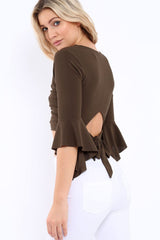 Khaki Plunge Bell Sleeve Crop Top - Merla-Crop Tops