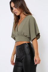 Khaki Plunge Crop Top - Suzanne-Crop Tops