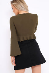 Khaki Plunge Flare Sleeve Crop Top with Frill Hem - Masie-Crop Tops