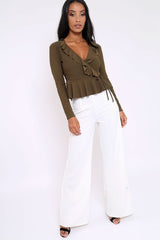 Khaki Plunge Frill Wrap Tie Front Top - Rebecca-Tops