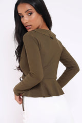 Khaki Plunge Frill Wrap Tie Front Top - Rebecca-Tops