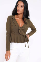 Khaki Plunge Frill Wrap Tie Front Top - Rebecca-Tops
