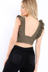 Khaki Plunge Ruffle Crop Top - Sofia-Crop Tops