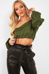 Khaki Plunge off Shoulder Cropped Sweatshirt - Zarah-Sweatshirts