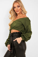 Khaki Plunge off Shoulder Cropped Sweatshirt - Zarah-Sweatshirts