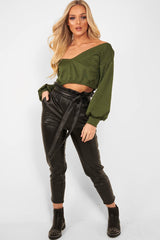 Khaki Plunge off Shoulder Cropped Sweatshirt - Zarah-Sweatshirts