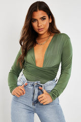 Khaki Plunging Wrap Middle Bodysuit - Ivyrose-Bodysuits