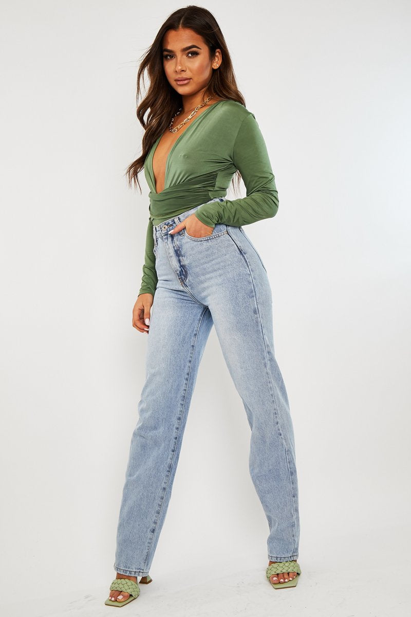 Khaki Plunging Wrap Middle Bodysuit - Ivyrose-Bodysuits