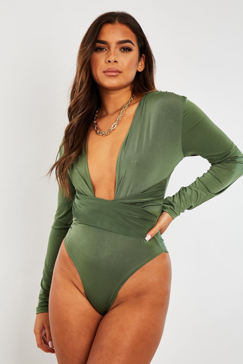 Khaki Plunging Wrap Middle Bodysuit - Ivyrose-Bodysuits