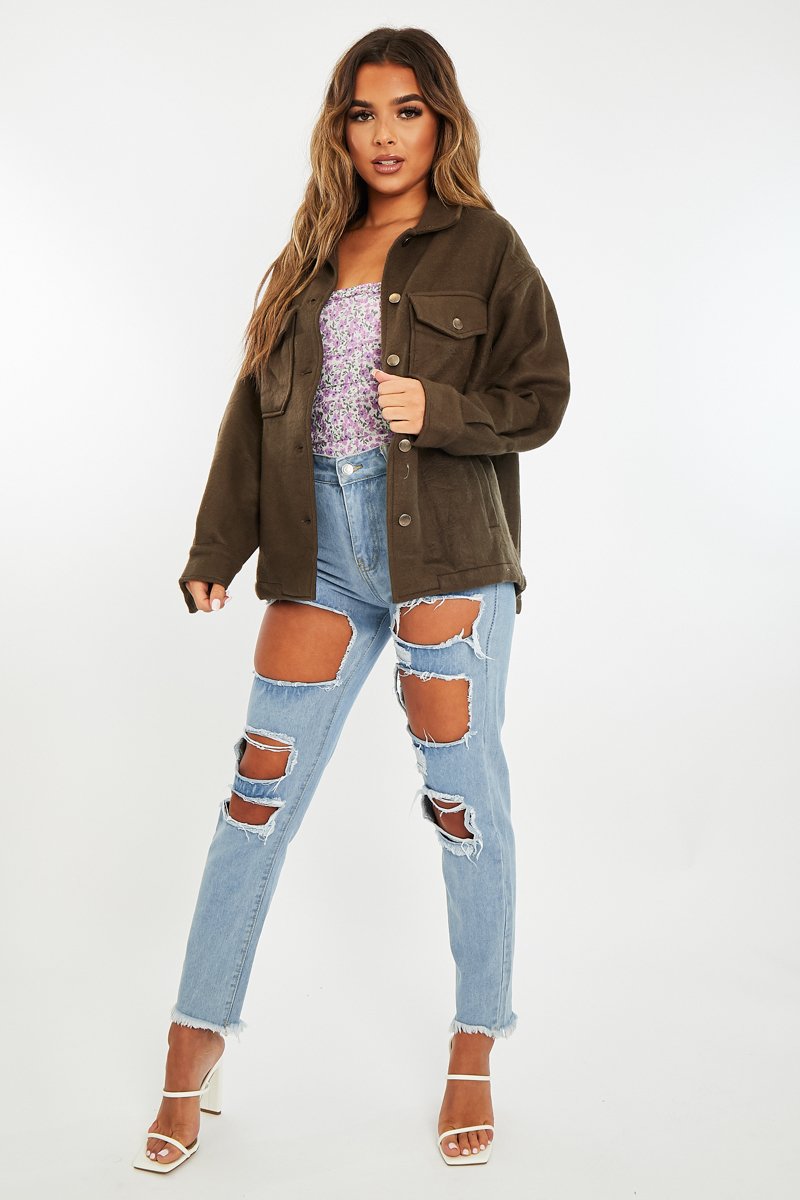 Khaki Pocket Oversized Brushed Shacket - Caley-Shacket