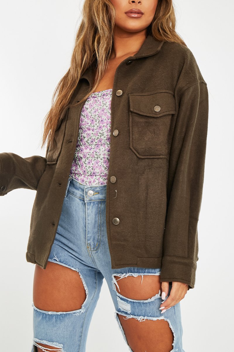 Khaki Pocket Oversized Brushed Shacket - Caley-Shacket