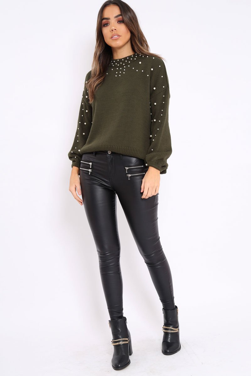 Khaki Puff Sleeve Pearl Chunky Knit Jumper - Nancie-Jumper