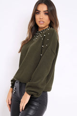 Khaki Puff Sleeve Pearl Chunky Knit Jumper - Nancie-Jumper