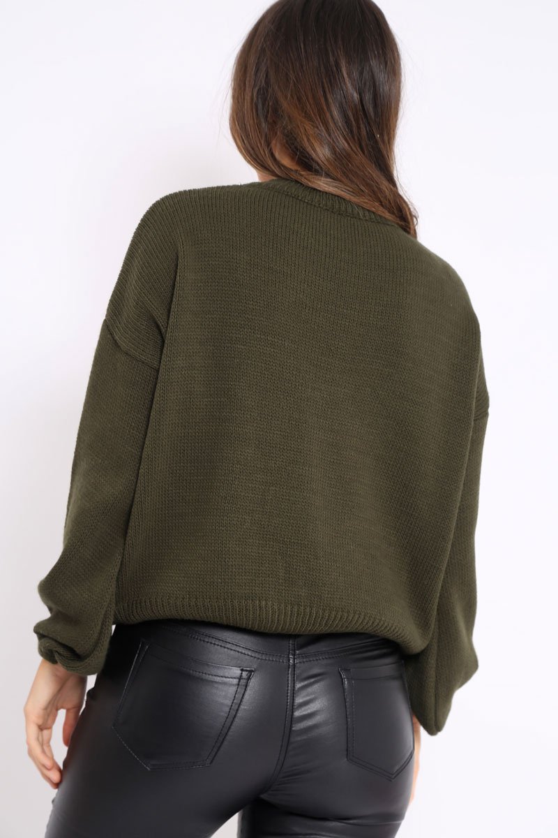 Khaki Puff Sleeve Pearl Chunky Knit Jumper - Nancie-Jumper