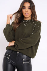 Khaki Puff Sleeve Pearl Chunky Knit Jumper - Nancie-Jumper