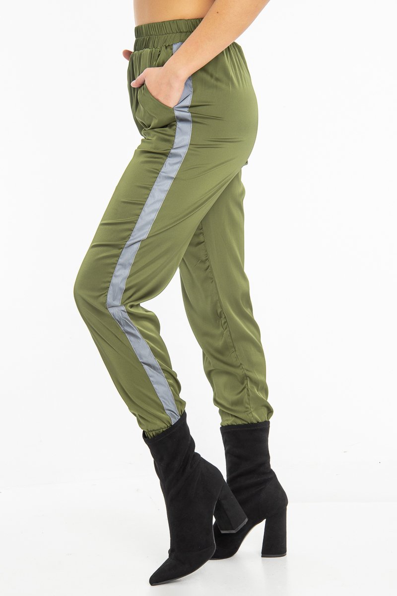 Khaki Reflective Stripe Detail Joggers - Rosealee-Joggers