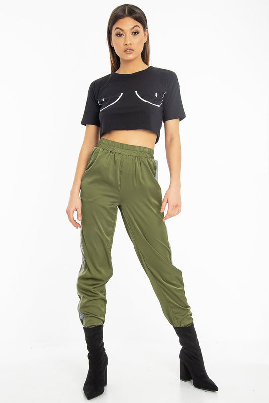 Khaki Reflective Stripe Detail Joggers - Rosealee