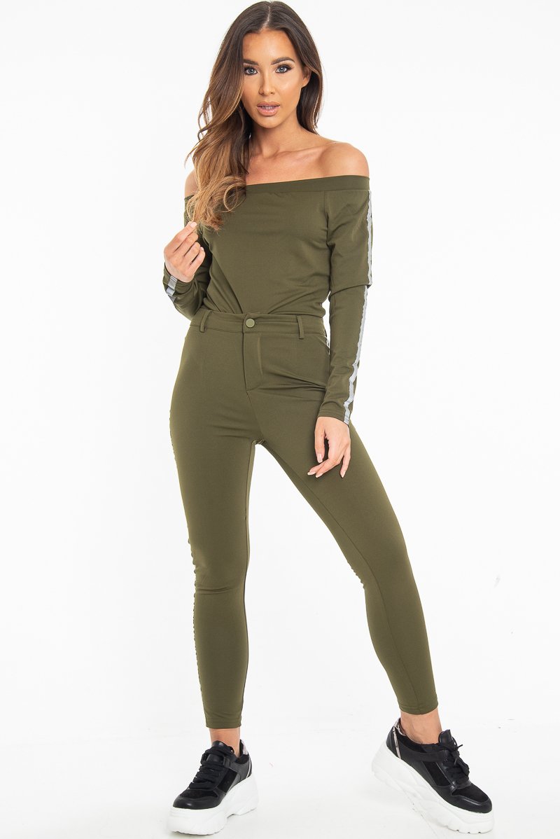 Khaki Reflective Stripe Side Bardot Crop Top - Reece-Crop Tops