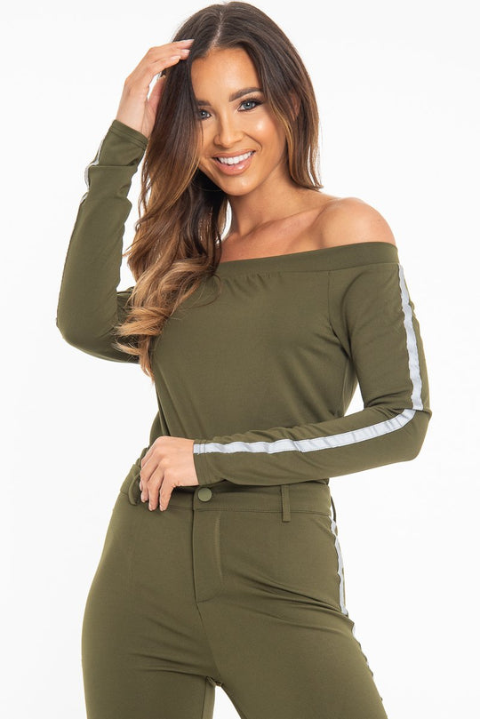 Khaki Reflective Stripe Side Bardot Crop Top - Reece