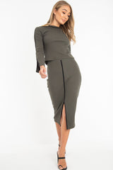 Khaki Rib Contrast Piping Jumper Midi Skirt Co-Ord - Eloise-Co-ords