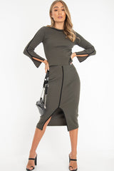 Khaki Rib Contrast Piping Jumper Midi Skirt Co-Ord - Eloise-Co-ords