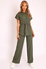 Khaki Ribbed Belted Top and Wide Leg Trouser Co-ord - Tyla-Co-ords