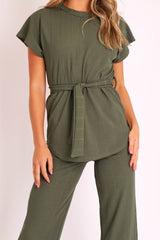 Khaki Ribbed Belted Top and Wide Leg Trouser Co-ord - Tyla-Co-ords