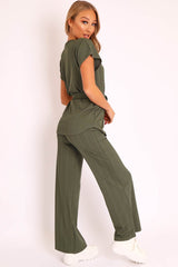 Khaki Ribbed Belted Top and Wide Leg Trouser Co-ord - Tyla-Co-ords