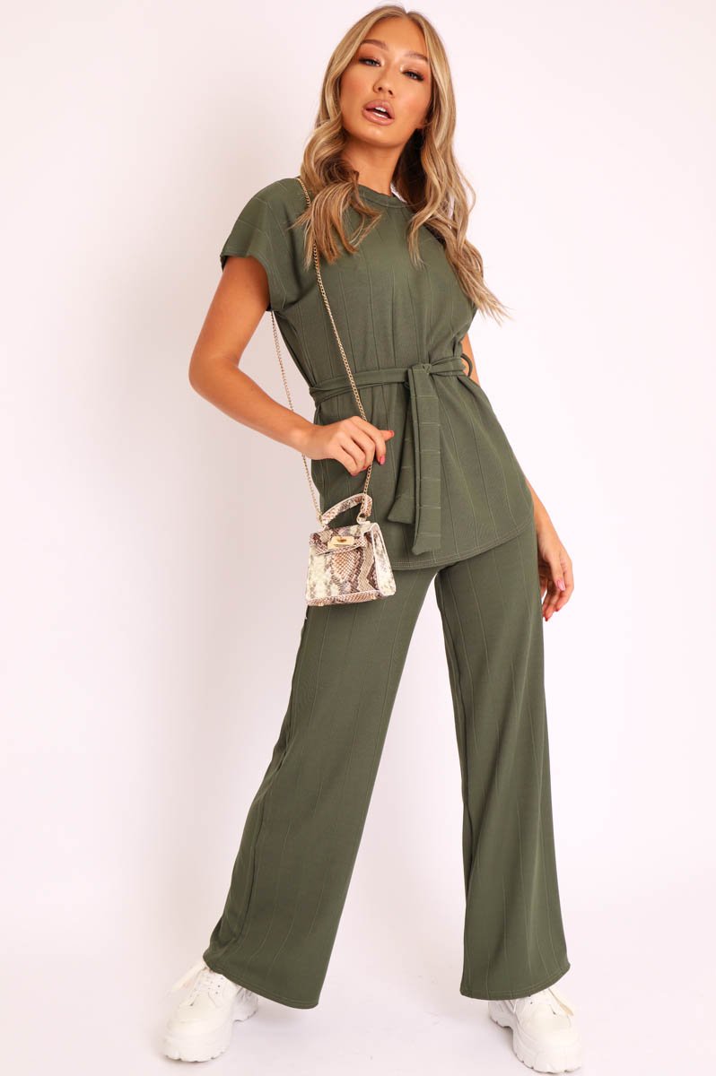 Khaki Ribbed Belted Top and Wide Leg Trouser Co-ord - Tyla-Co-ords