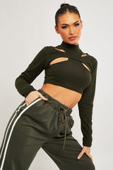 Khaki Ribbed Double Cut Out Crop Top - Graci-Crop Tops