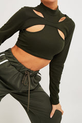 Khaki Ribbed Double Cut Out Crop Top - Graci-Crop Tops