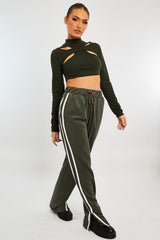 Khaki Ribbed Double Cut Out Crop Top - Graci-Crop Tops