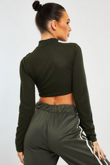 Khaki Ribbed Double Cut Out Crop Top - Graci-Crop Tops