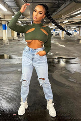 Khaki Ribbed Double Cut Out Crop Top - Graci-Crop Tops