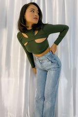 Khaki Ribbed Double Cut Out Crop Top - Graci-Crop Tops