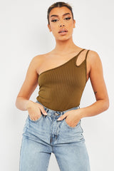 Khaki Ribbed Double Strap One Shoulder Bodysuit - Lavia-Bodysuits