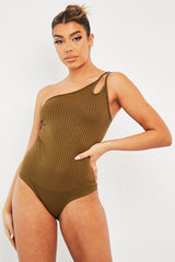 Khaki Ribbed Double Strap One Shoulder Bodysuit - Lavia-Bodysuits