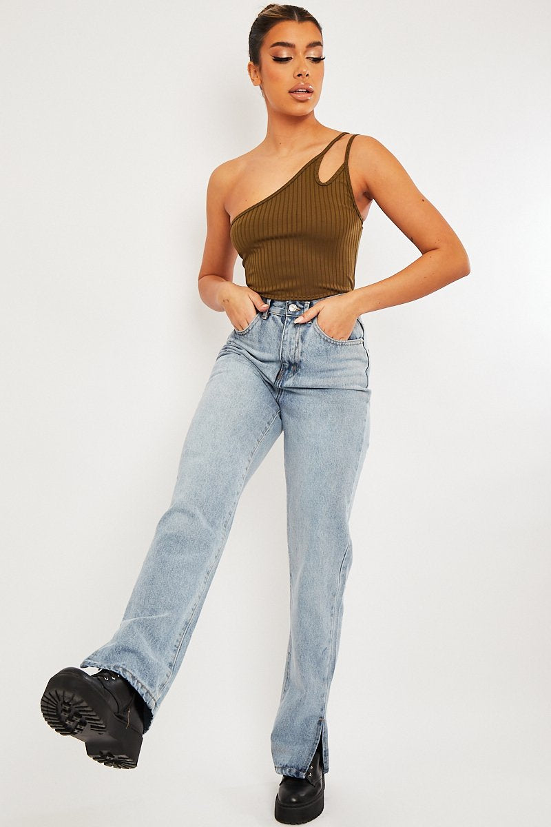 Khaki Ribbed Double Strap One Shoulder Bodysuit - Lavia-Bodysuits