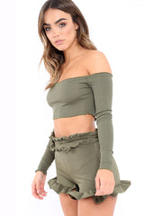 Khaki Ribbed Frill Bardot Crop Top - Cassidy-Crop Tops