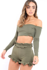 Khaki Ribbed Frill Bardot Crop Top - Cassidy-Crop Tops