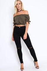 Khaki Ribbed Frill Gypsy Top - Maysia-Crop Tops