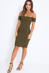 Khaki Ribbed Frill Hem Bardot Bodycon Dress - Kamille-Crop Tops
