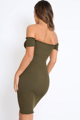 Khaki Ribbed Frill Hem Bardot Bodycon Dress - Kamille-Crop Tops
