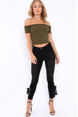 Khaki Ribbed Frill Hem Bardot Crop Top - Adelle-Crop Tops