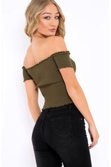 Khaki Ribbed Frill Hem Bardot Crop Top - Adelle-Crop Tops