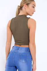Khaki Ribbed High Neck Crop Top - Kamira-Crop Tops